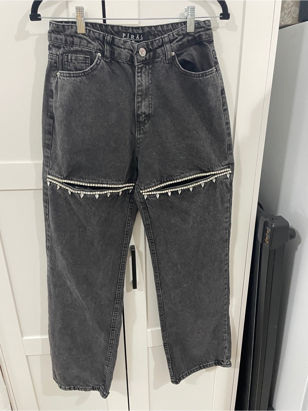 Piral Black Washed Boyfriend Jeans with Rhinestone Fringe Sz M fits like S